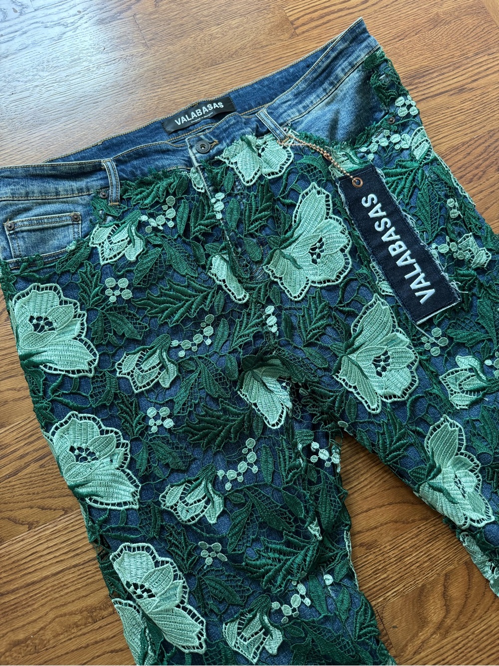 NWT VALABASAS Botanic Denim Jeans 
 Lace Streetwear Stacked Limited Edition 42